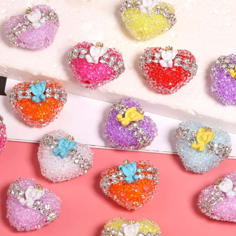Crown Bear Heart Rhinestone Beads 17x21mm Colorful 5pcs 5