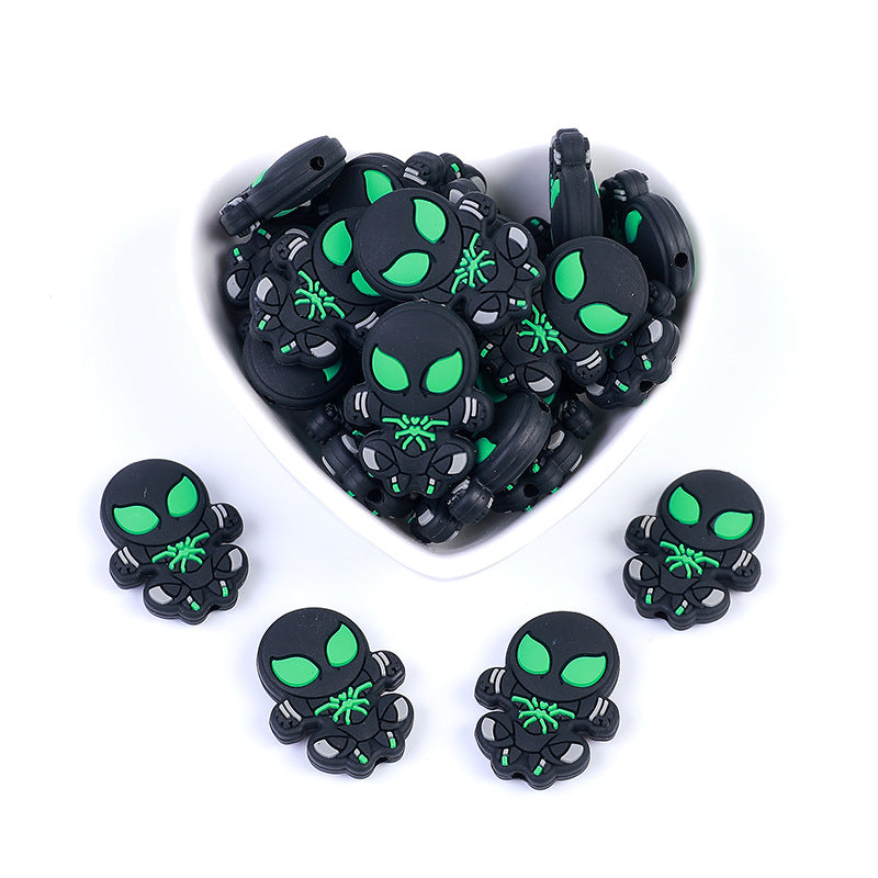Silicone Focal Beads Spiderman Black Spider Neon Green 10pcs
