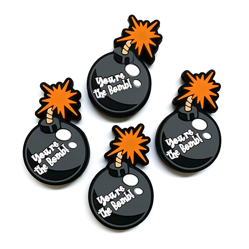 Silicone Focal Beads Simulated Bomb Glossy Black Orange Fuse 20pcs 2