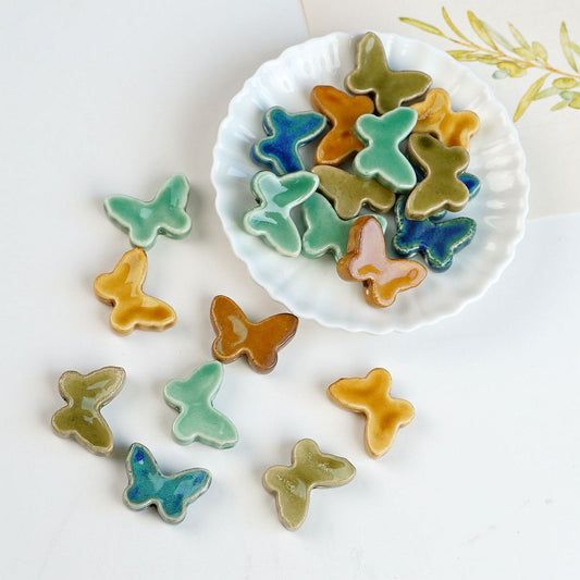 Vintage Butterfly Ceramic Beads 26mm Glazed Mixed Colors 10pcs