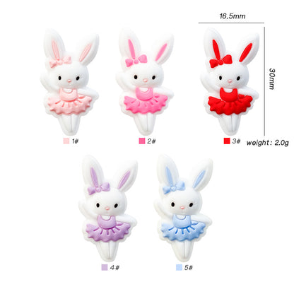 Silicone Focal Beads Rabbit Wearing Pink Bow 10pcs