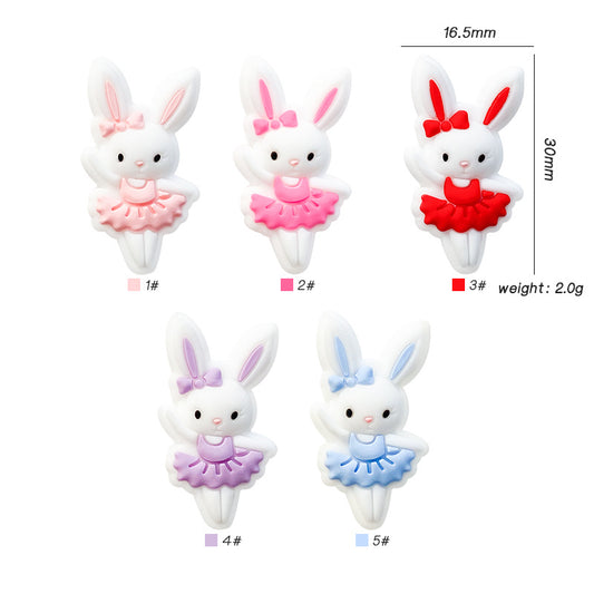 Silicone Focal Beads Rabbit Wearing Pink Bow 10pcs