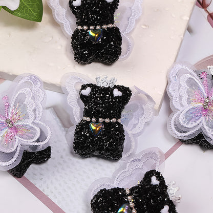 Winged Little Bear Rhinestone Beads 25x41mm Sparkling Lace Wings 5pcs 7