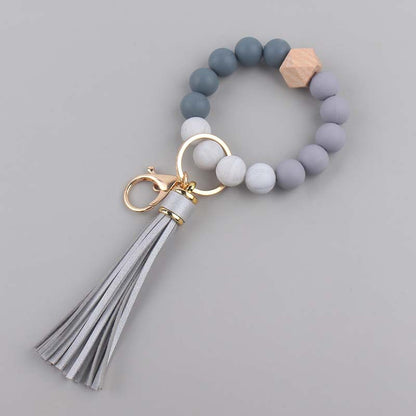 Silicone Beaded Wristlet Keychain with Leather PU Tassel in Pastel Colors 12