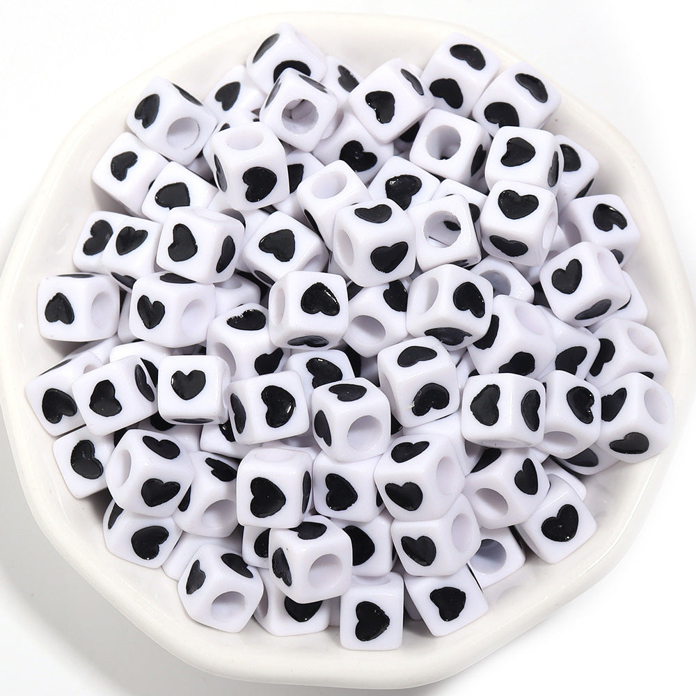 Square Acrylic Beads 6.7mm Glossy Dripping Oil Love Design 100pcs 9