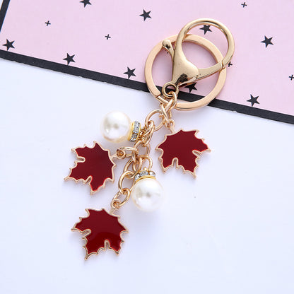 Alloy Maple Leaf Keychain with Faux Pearl Gold Tone 11