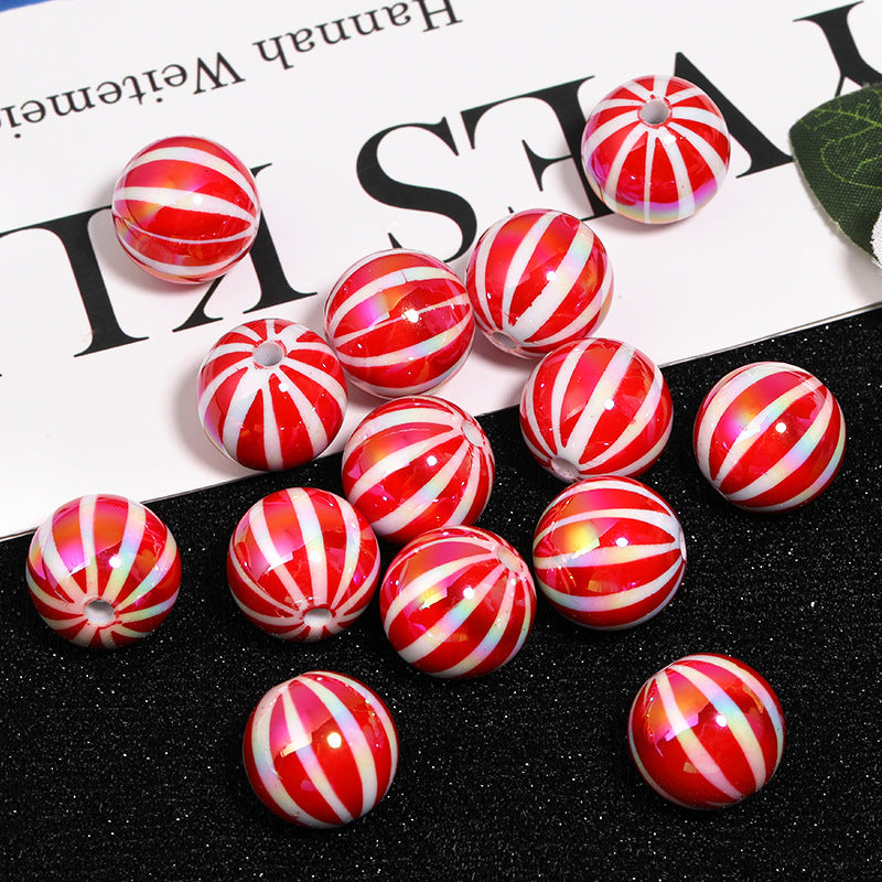 UV Plating Acrylic Beads 16mm Christmas Red and White Striped 50pcs 4