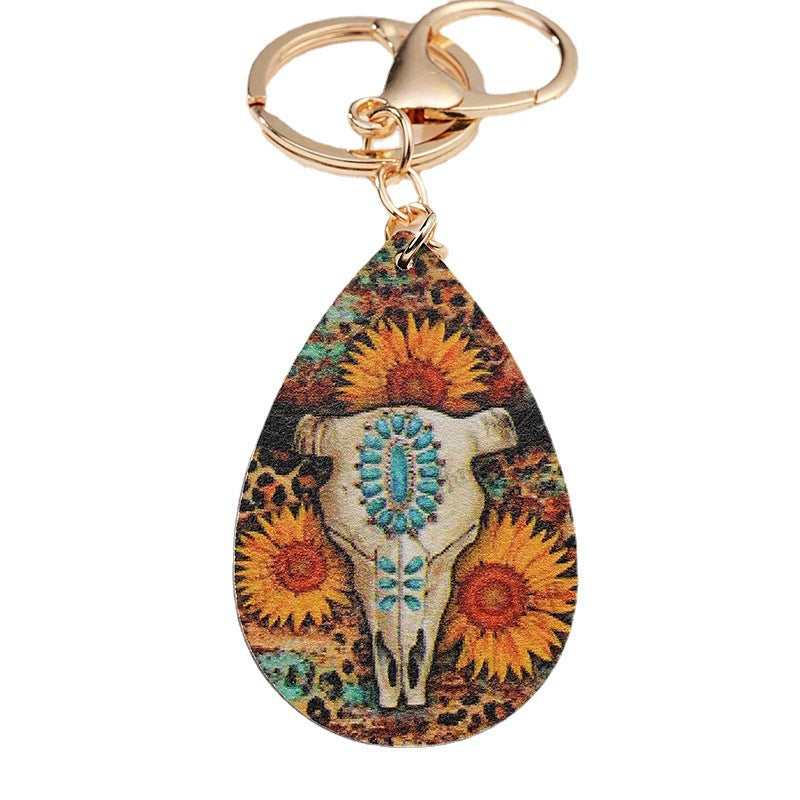 Sunflower Western Keychain Metal Cattle Skull Leopard Print Turquoise