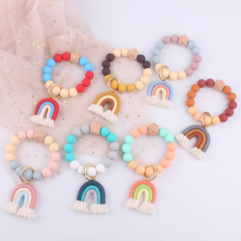 Rainbow Tassel Silicone Bead Wristlet Keychain Pastel Colors