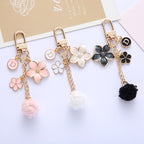 Alloy Flower Keychain with Enamel Petals Pompom and Letter Charm