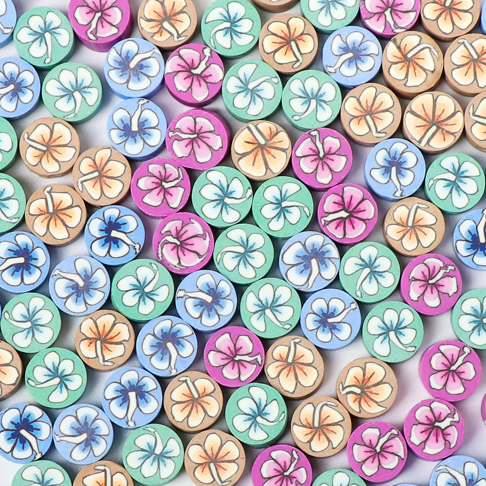 Flat Round Clay Beads 10mm Colorful Flower Pattern Polymer 100pcs