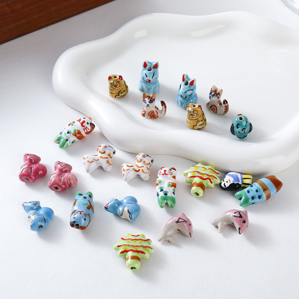 Hand Painted Animal Ceramic Beads Cute 3D Design 2pcs