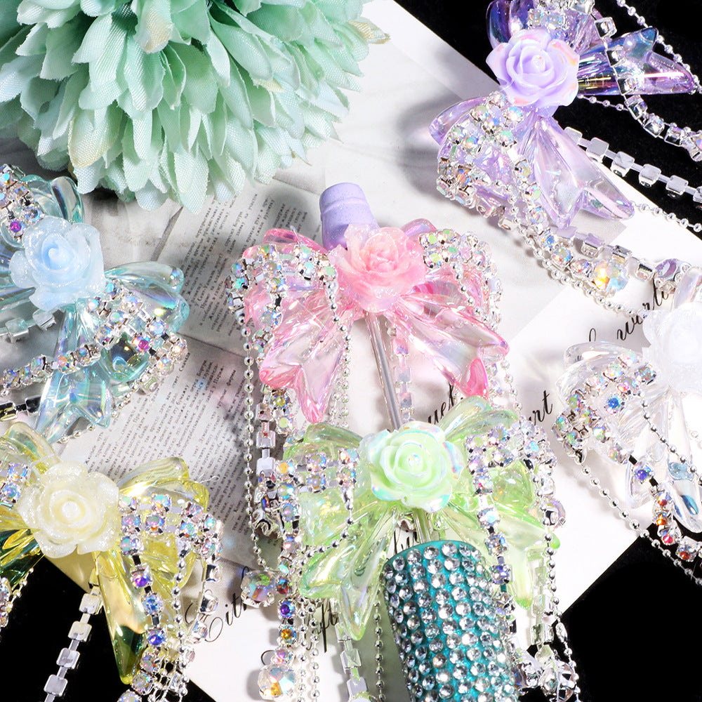 Fancy Tassel Rose Bow Acrylic Beads 40mm Rhinestone 3pcs
