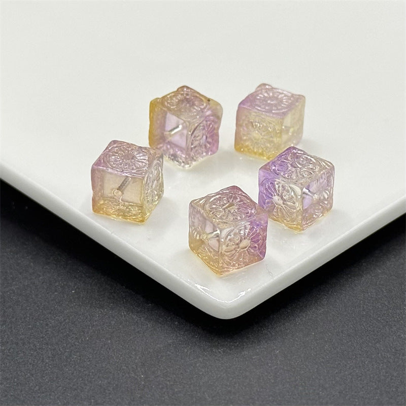 Carving Square Glass Beads 14mm Transparent Pastel Mixed 100pcs 9