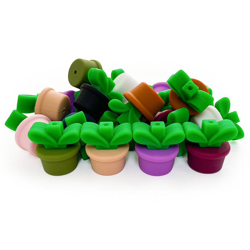 Silicone 3D Focal Beads Flowerpot Grass With Leaf Cluster 20pcs 2