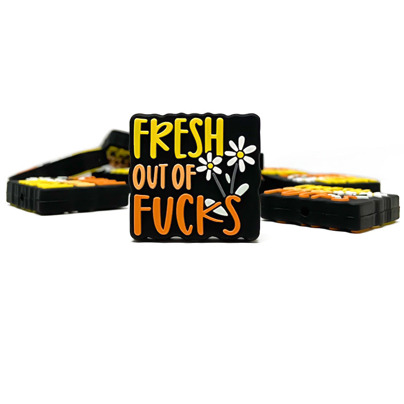 Silicone Focal Beads Fresh Out Of Fucks Bold Yellow Lettering Daisy Design 20pcs 5