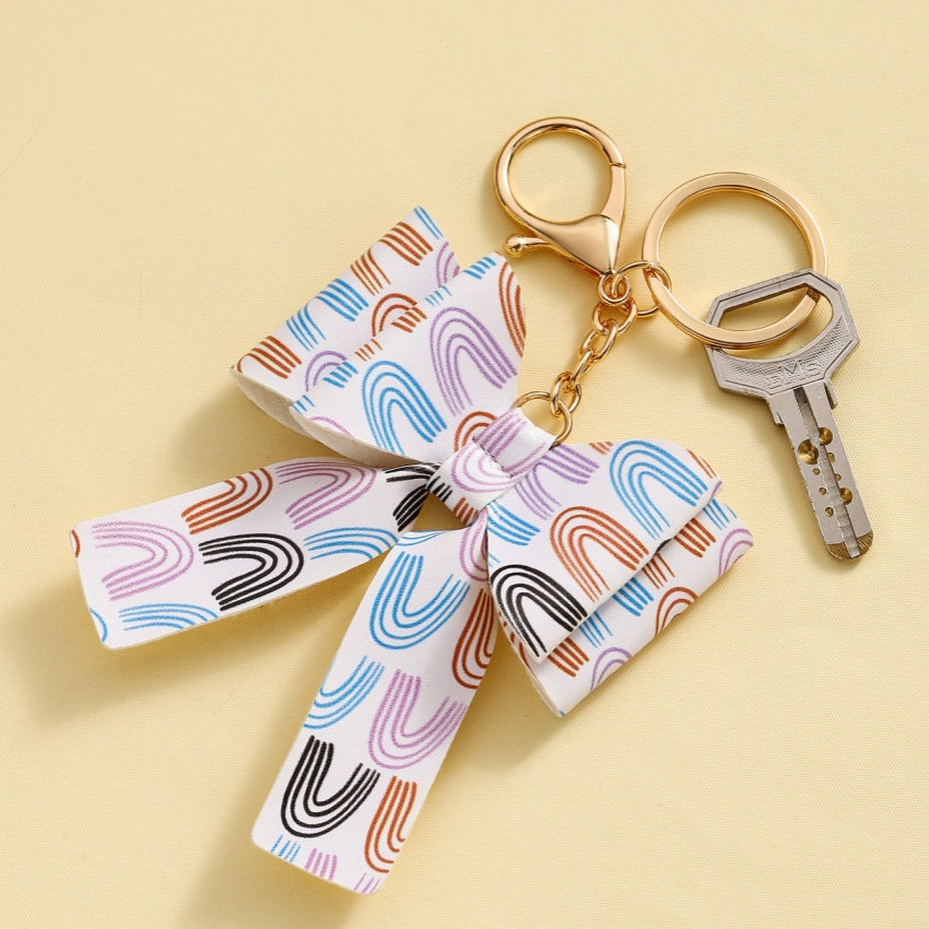 Elegant Bow PU Leather Keychains 15cm Colorful Printed 2pcs 3
