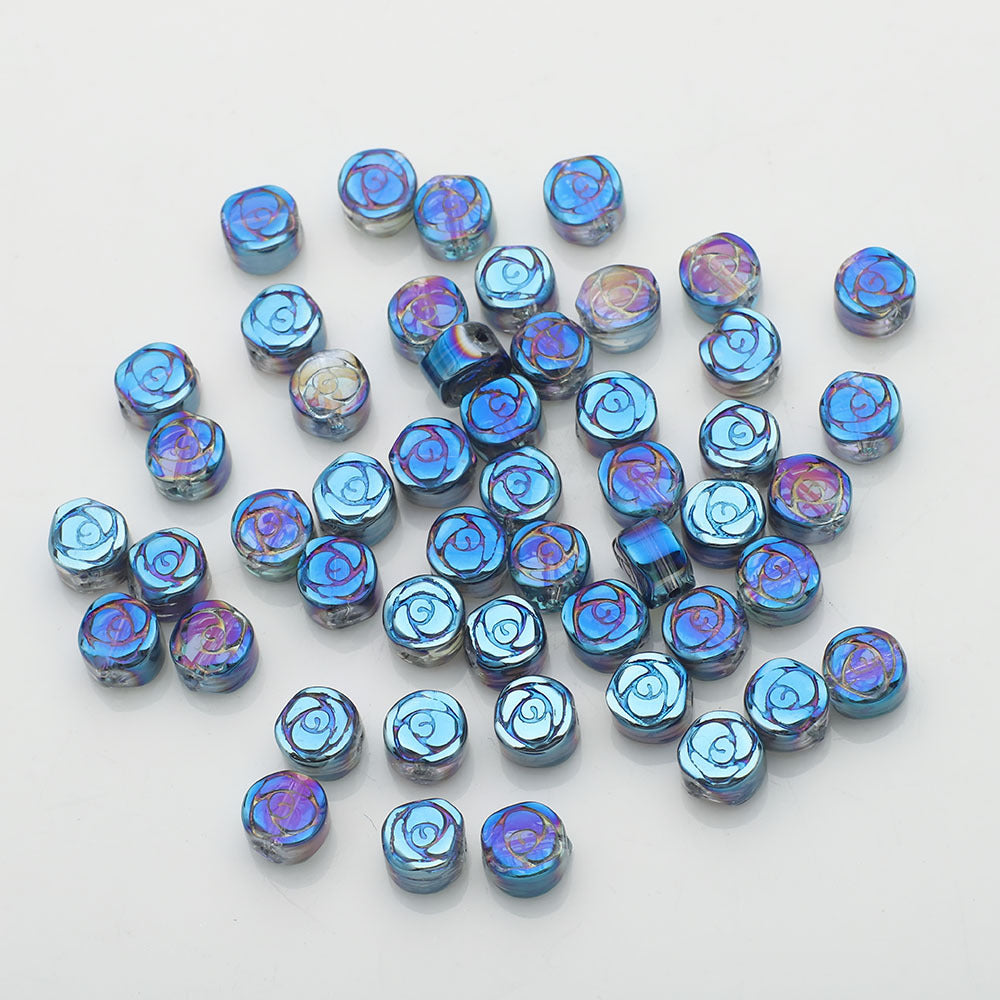 Electroplated Rose Glass Beads 6mm Small Etched Floral 50pcs 8