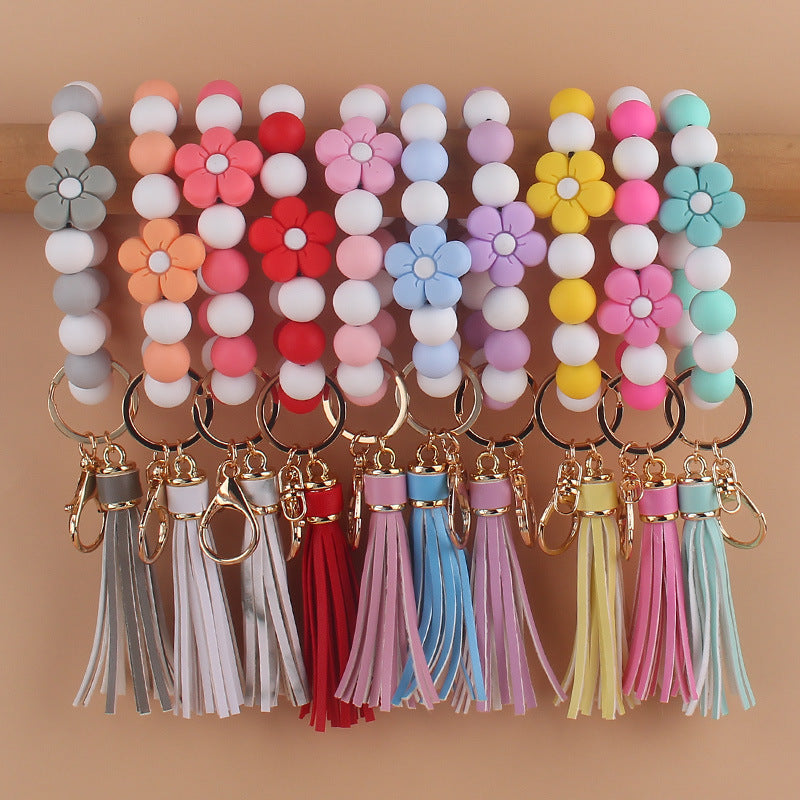 Colorful Flower Silicone Bead Wristlet Keychain with Leather Tassel