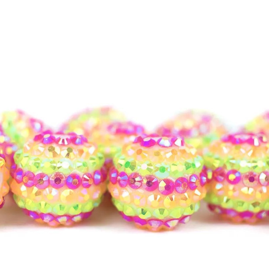 Striped Bubblegum Beads 16-22mm Rose Red Green Rhinestone 5pcs