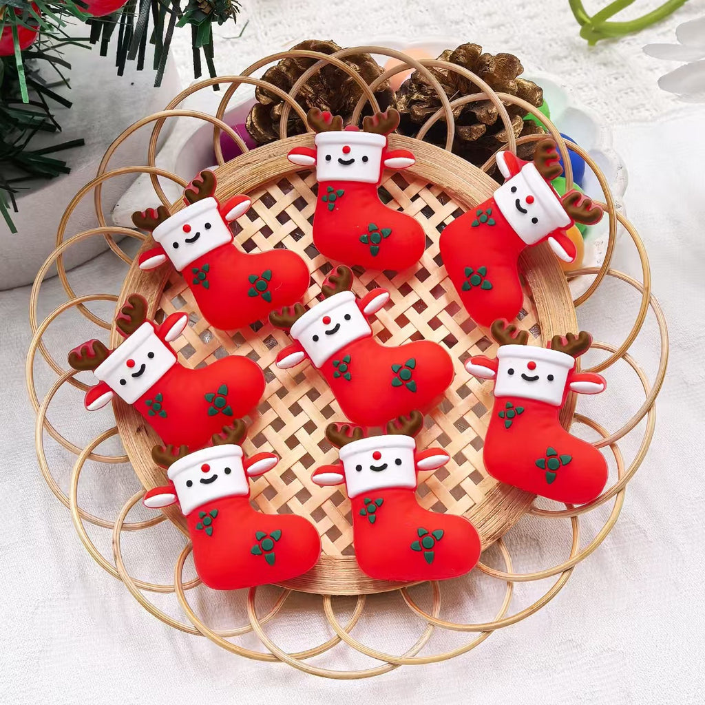 Silicone 3D Focal Beads Elk Christmas Shoes Smiling Face Red 20pcs 2