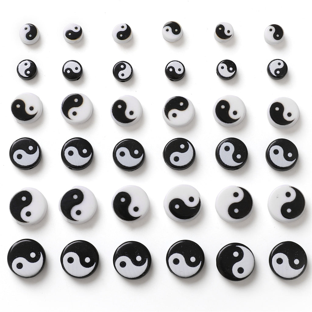 Tai Chi Flat Acrylic Beads 7-13mm Black White Color Printing 5pcs 4