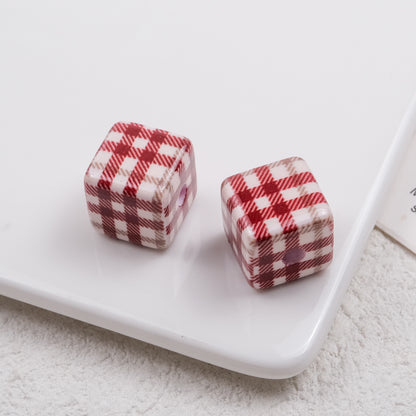 Baking Painted Square Acrylic Beads 14mm Plaid Colorful 50pcs 6