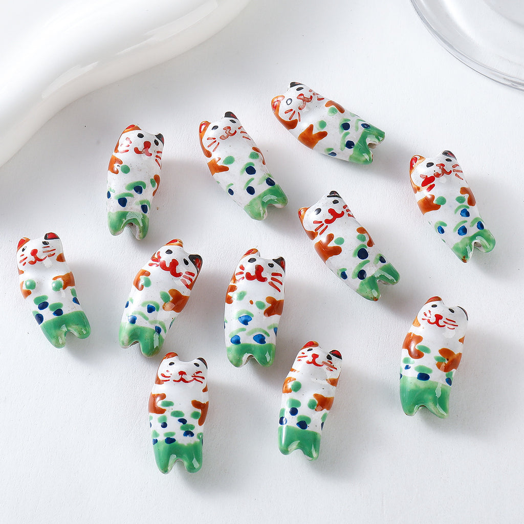 Hand Painted Animal Ceramic Beads Cute 3D Design 2pcs 2