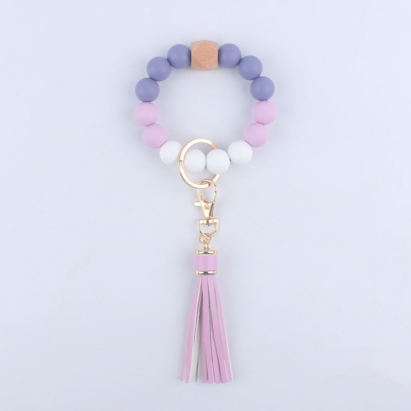 Silicone Beaded Wristlet Keychain with Wooden Beads and Leather Tassel 8cm 8