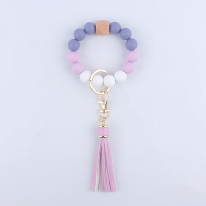 Silicone Beaded Wristlet Keychain with Wooden Beads and Leather Tassel 8cm 8