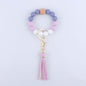 Silicone Beaded Wristlet Keychain with Wooden Beads and Leather Tassel 8cm 8