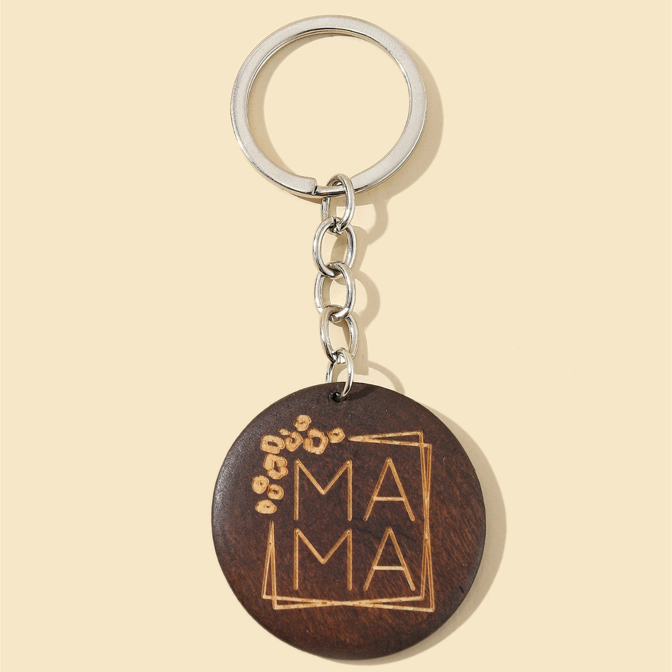Wooden Round Floral Engraved MAMA Keychain Coffee Brown 3