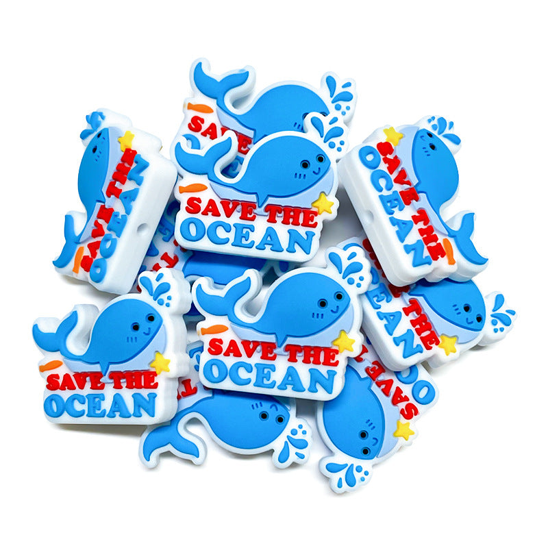 Silicone Focal Beads Blue Whale Save The Ocean Text 20pcs 3