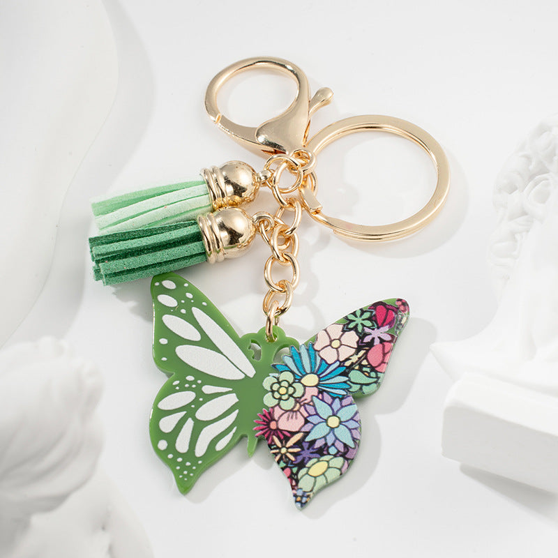 Metal Butterfly Tassel Keychain Green Floral Mosaic Charm 3