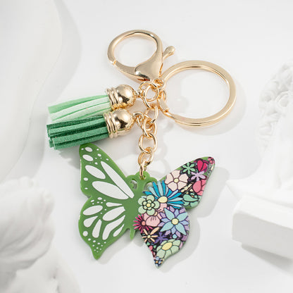 Metal Butterfly Tassel Keychain Green Floral Mosaic Charm 3