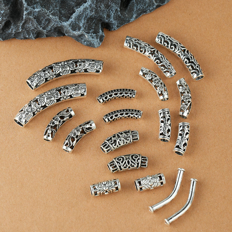Tube Metal Beads Tibetan Hollowed-out Flower Pattern Vintage Silver Tone 20pcs 4