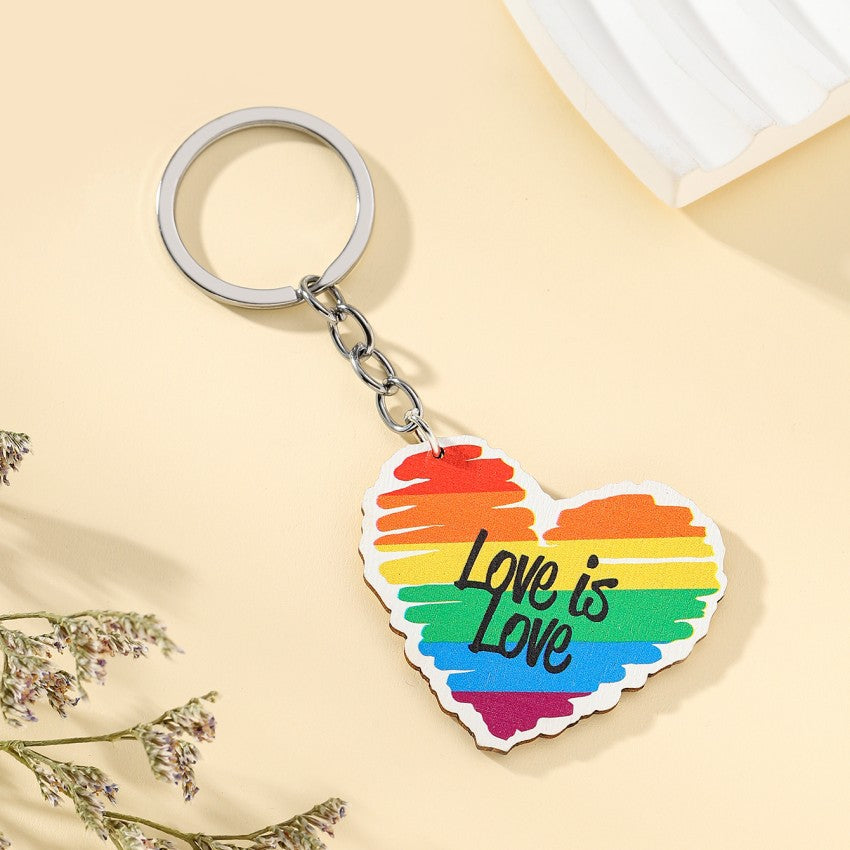 Wooden Rainbow Heart Keychain Love is Love Natural Texture 5