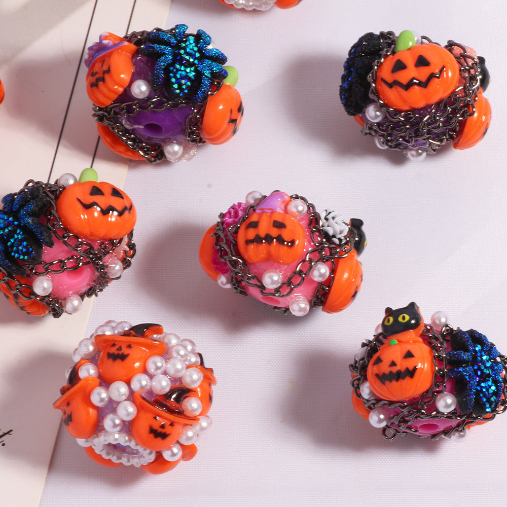 Embellished Halloween Clay Beads 28mm Pumpkin Spider Cat 5pcs 4