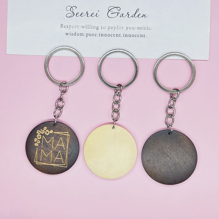 Wooden Round Floral Engraved MAMA Keychain Coffee Brown 2