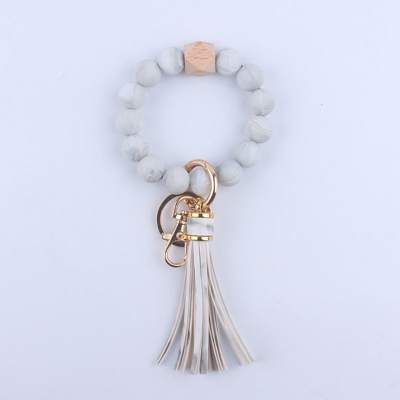 PU Leather Tassel Silicone Bead Wristlet Keychain Colorful Animal Print 16