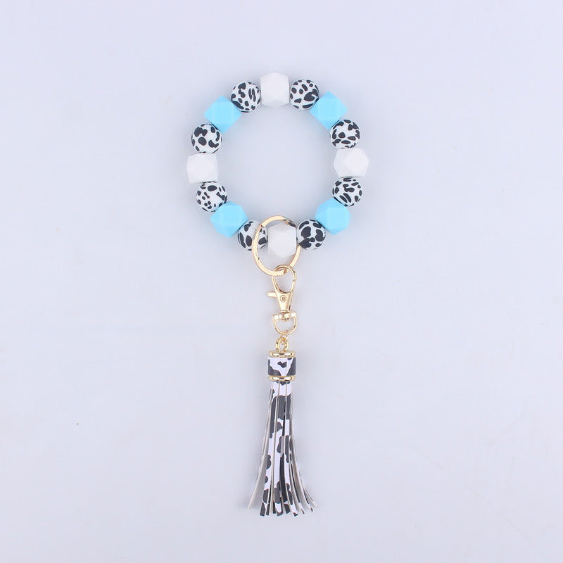 Leopard Print Silicone Bead Tassel Wristlet Keychain 7