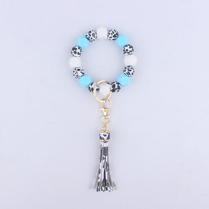 Leopard Print Silicone Bead Tassel Wristlet Keychain 7