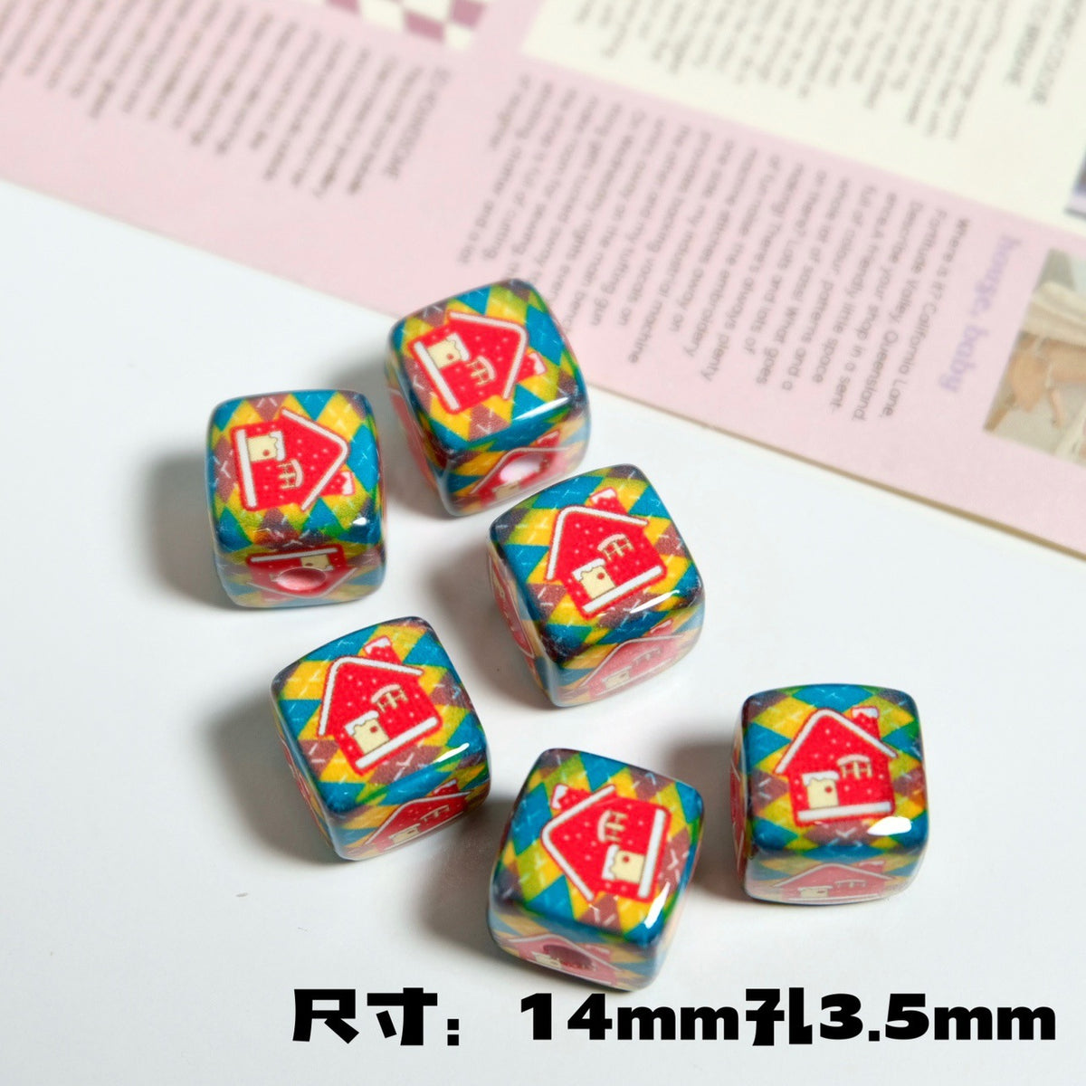 Christmas Square Acrylic Beads 14mm Colorful Printed 10pcs 16