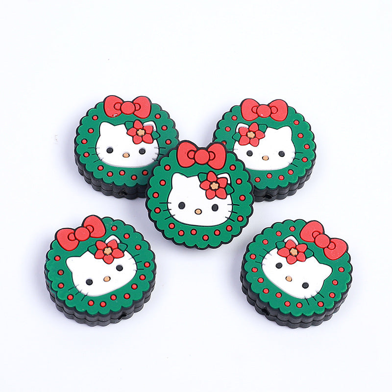 Silicone Focal Beads Christmas KT Cat Face Wreath 10pcs 3