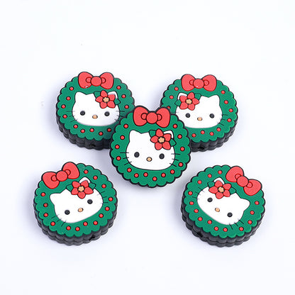 Silicone Focal Beads Christmas KT Cat Face Wreath 10pcs 3