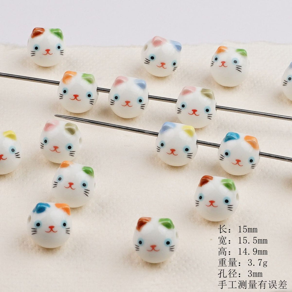 Colorful Cat Head Ceramic Beads 15mm Hand Painted 10pcs 2