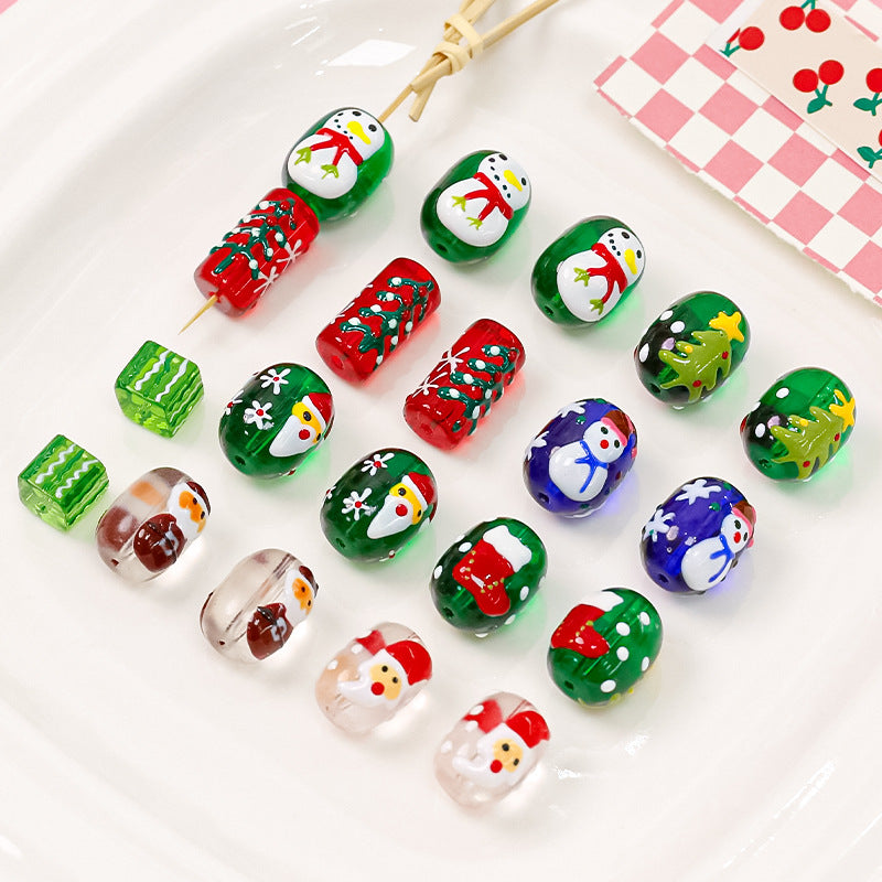 Lampwork Glass Beads Oval Cylindrical Hand Painted Christmas Theme 10pcs 2