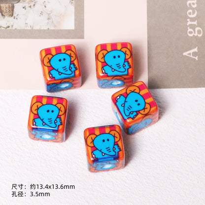 Cheerful Cartoon Animal Printed Acrylic Square Beads 13mm 20pcs 7