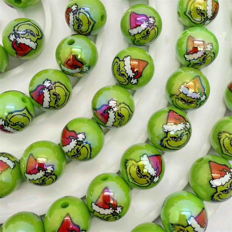 UV Plating Round Acrylic Beads 16mm Christmas Grinch 100pcs