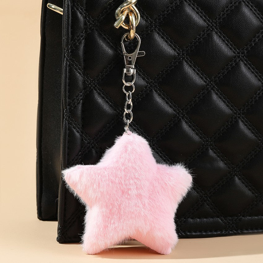 Plush Star Keychain Five-Pointed Soft Fuzzy Pink Charm
